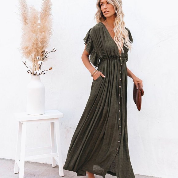 New Bohemian Long Olive Gauze Maxi Summer Dress - Picture 7 of 11